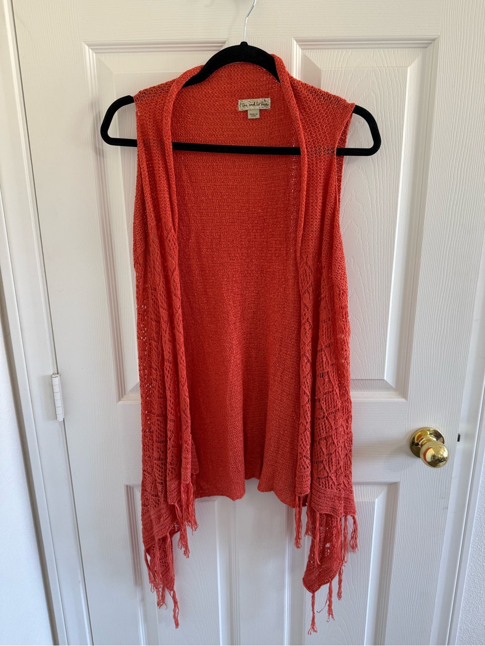 Coral Open-Front Crochet Fringe Vest
